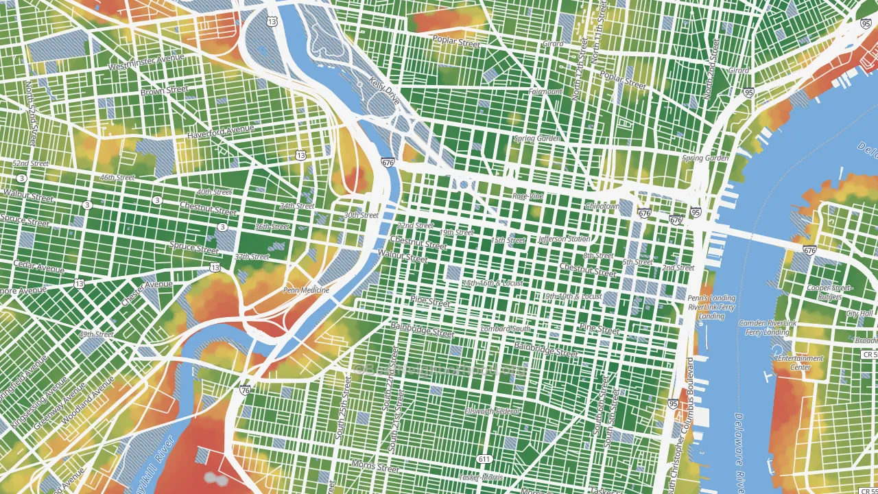 Walk Grade map of 19103, PA, walkable areas in green and car-dependent areas in red