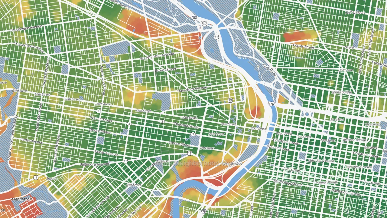 Walk Grade map of 19104, PA, walkable areas in green and car-dependent areas in red