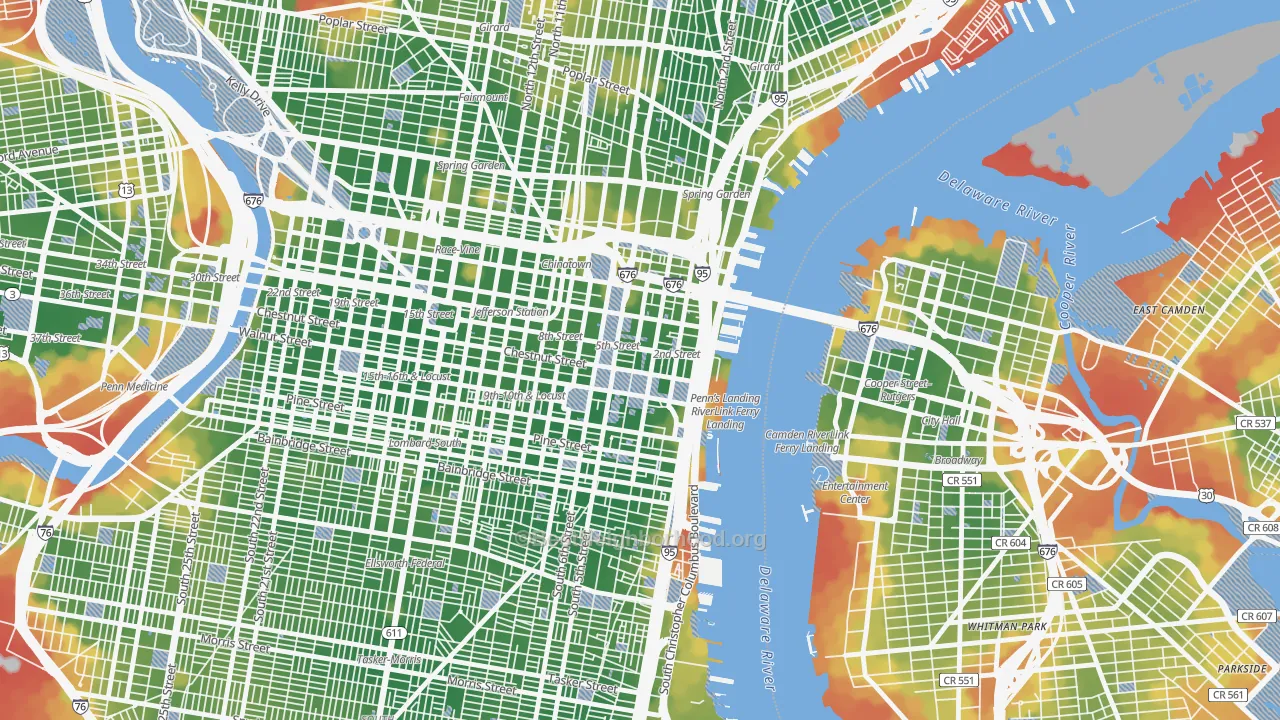 Walk Grade map of 19106, PA, walkable areas in green and car-dependent areas in red