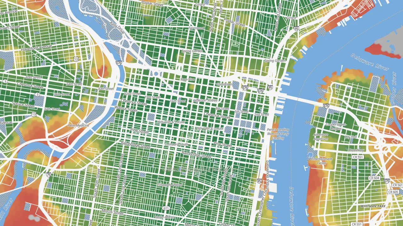 Walk Grade map of 19107, PA, walkable areas in green and car-dependent areas in red