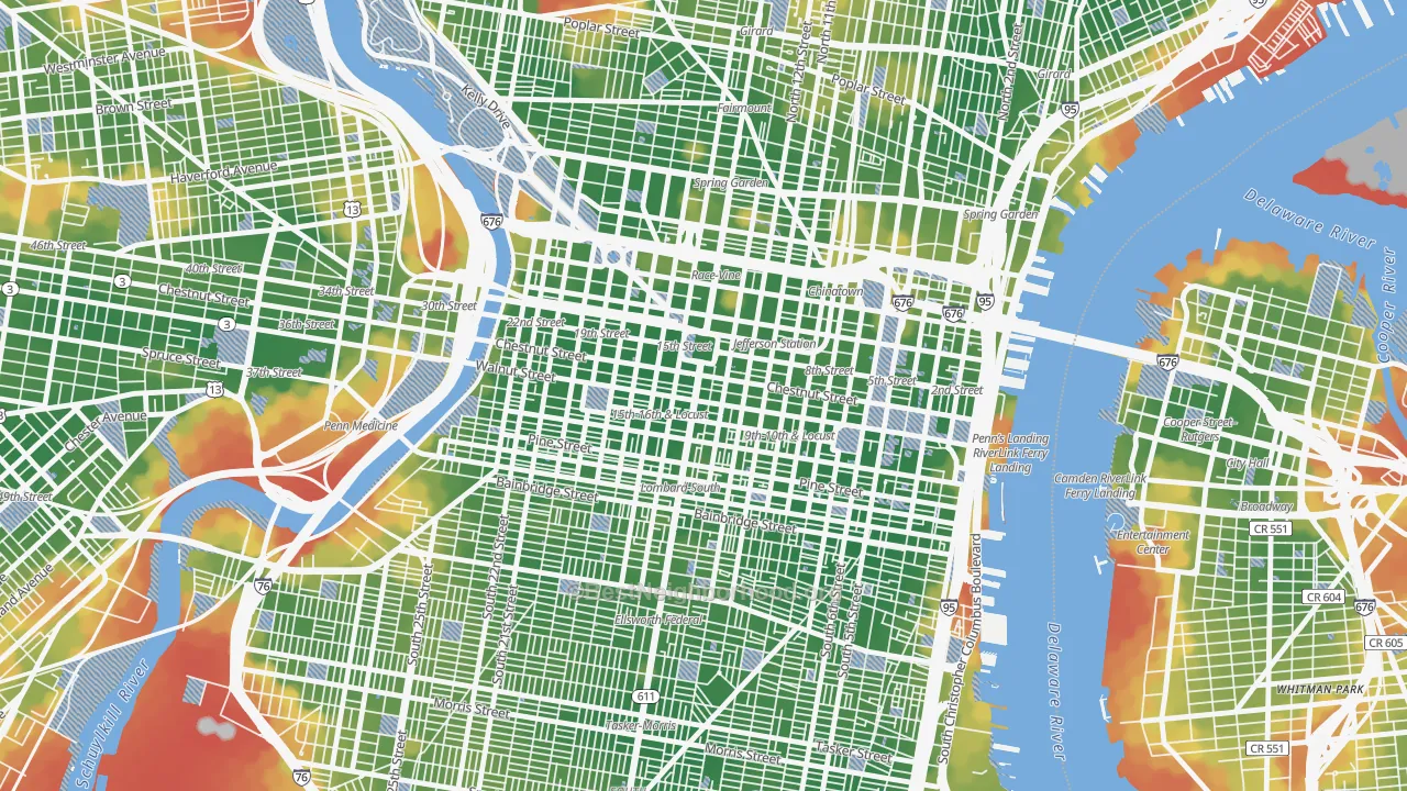 Walk Grade map of 19109, PA, walkable areas in green and car-dependent areas in red