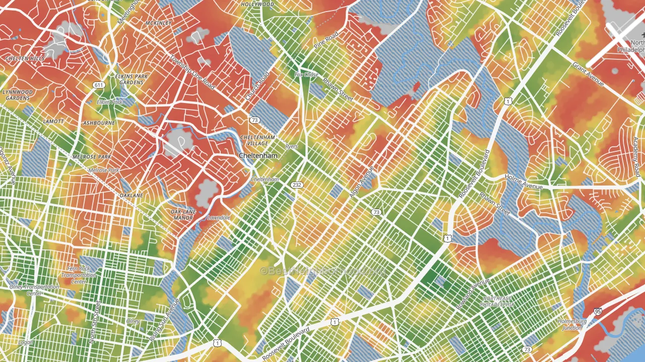 Walk Grade map of 19111, PA, walkable areas in green and car-dependent areas in red