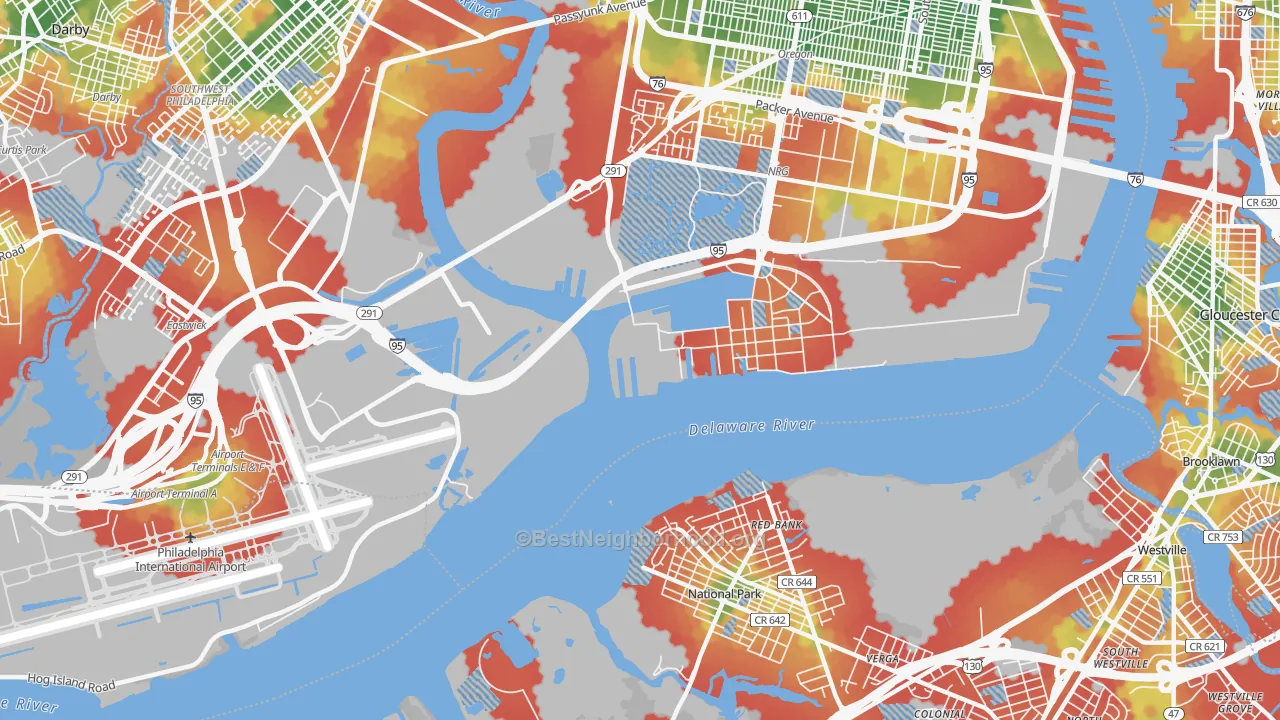Walk Grade map of 19112, PA, walkable areas in green and car-dependent areas in red