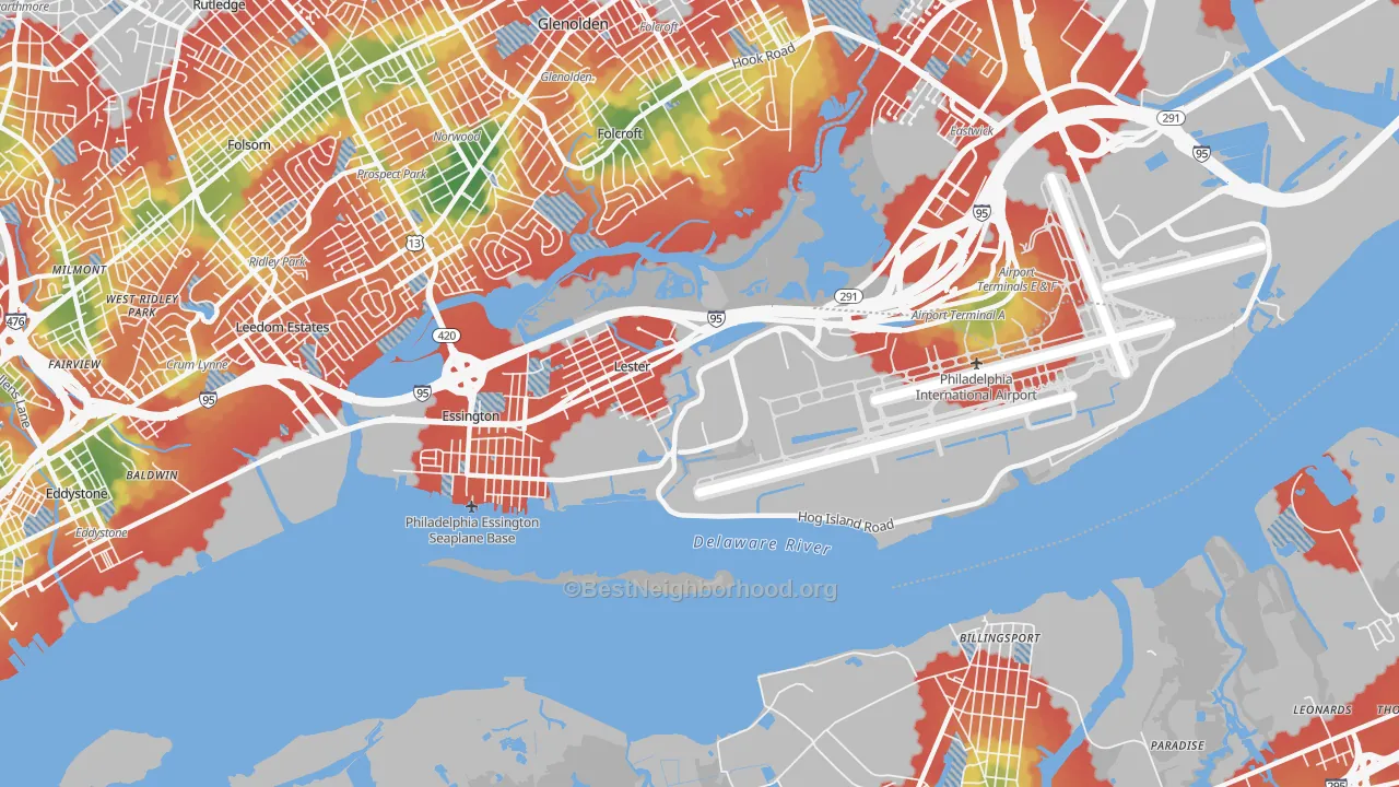 Walk Grade map of 19113, PA, walkable areas in green and car-dependent areas in red