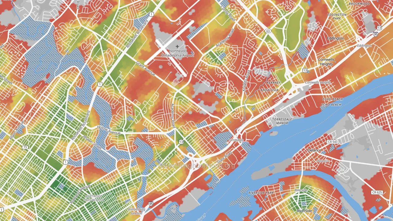 Walk Grade map of 19114, PA, walkable areas in green and car-dependent areas in red