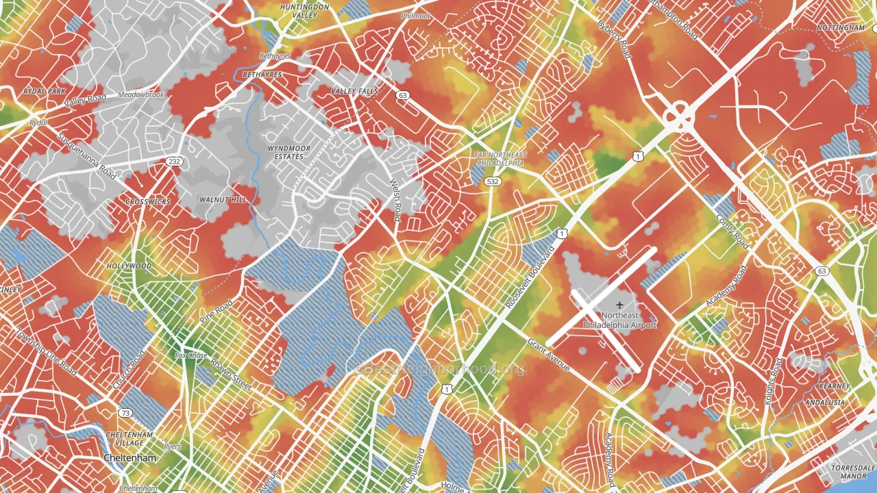 Walk Grade map of 19115, PA, walkable areas in green and car-dependent areas in red