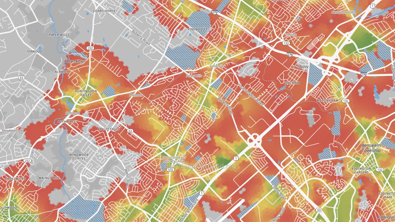 Walk Grade map of 19116, PA, walkable areas in green and car-dependent areas in red