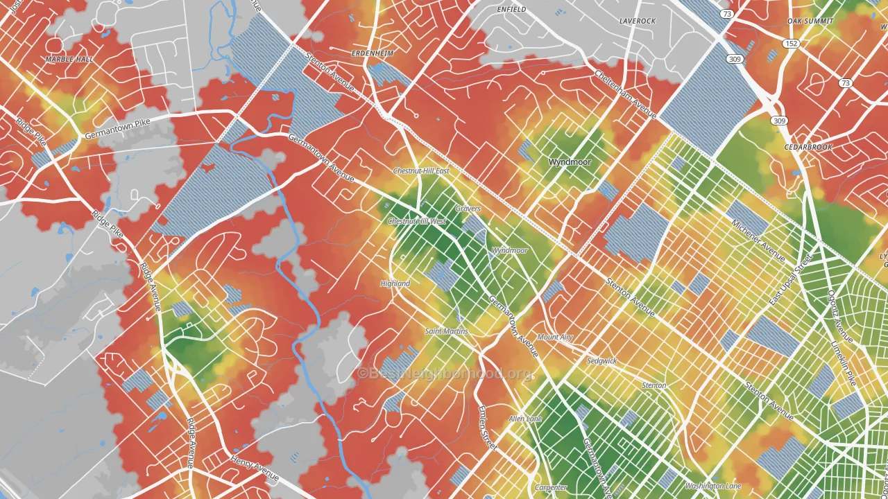 Walk Grade map of 19118, PA, walkable areas in green and car-dependent areas in red