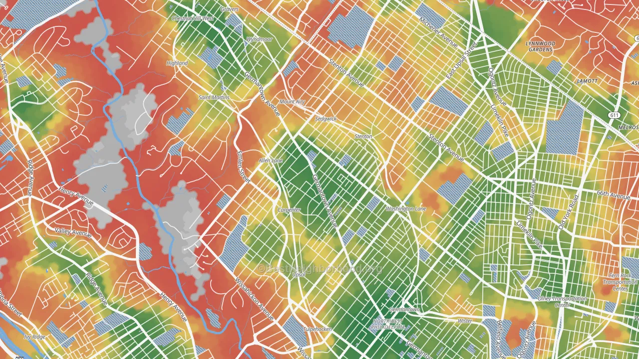Walk Grade map of 19119, PA, walkable areas in green and car-dependent areas in red