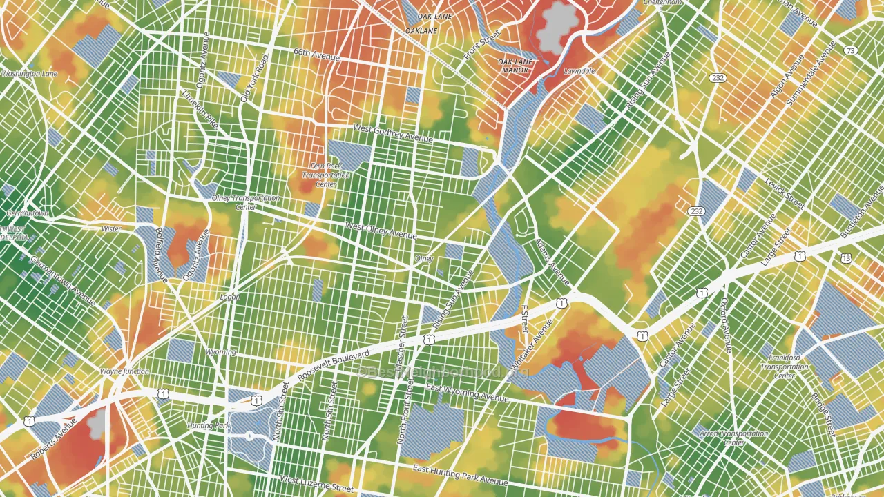 Walk Grade map of 19120, PA, walkable areas in green and car-dependent areas in red