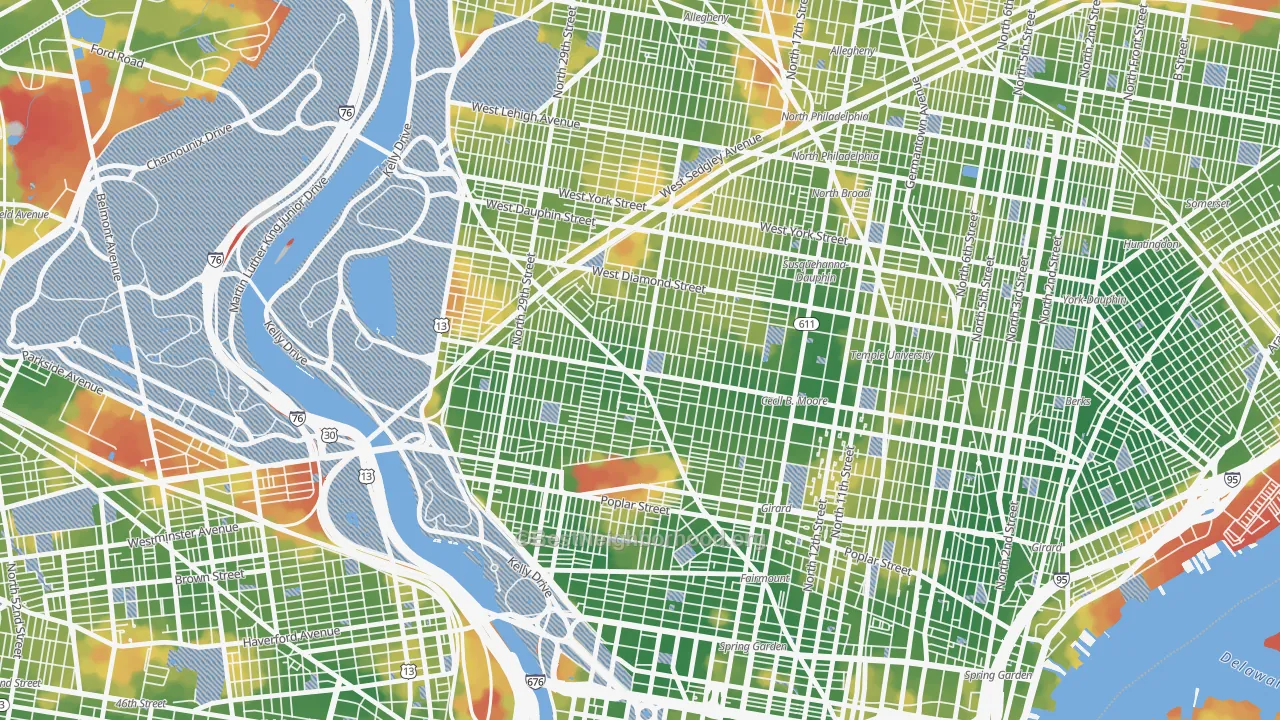 Walk Grade map of 19121, PA, walkable areas in green and car-dependent areas in red