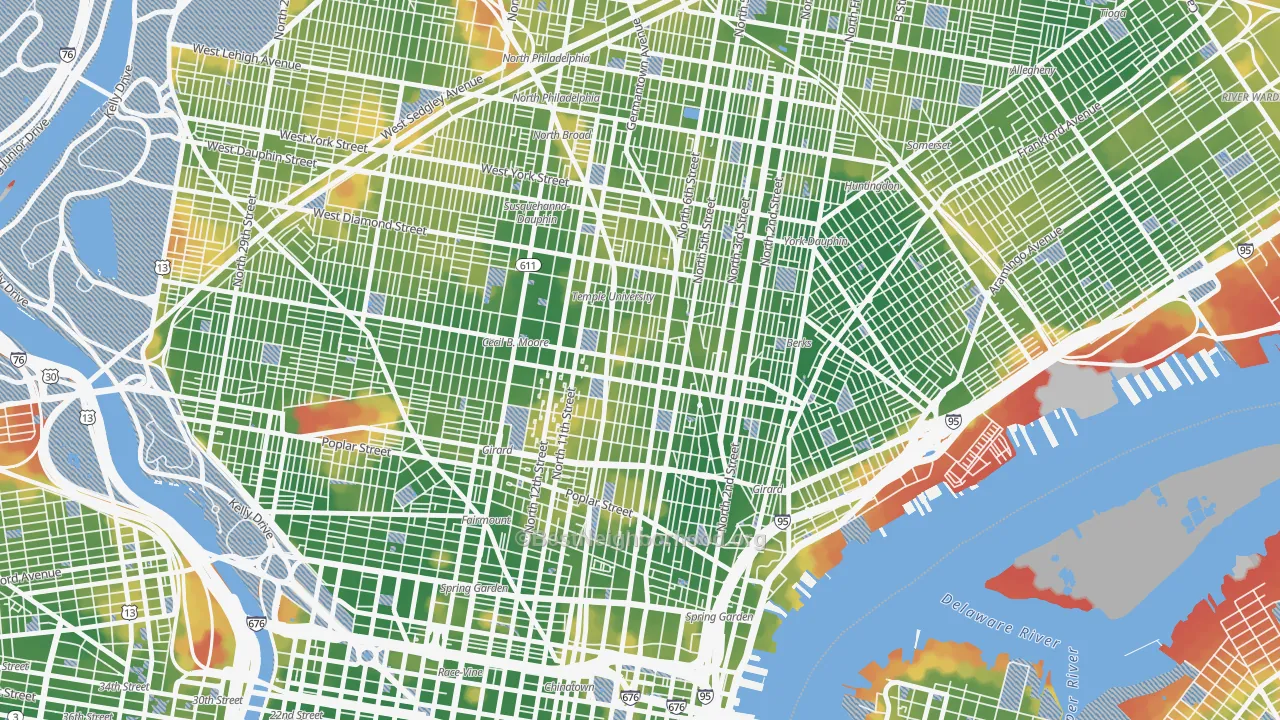Walk Grade map of 19122, PA, walkable areas in green and car-dependent areas in red