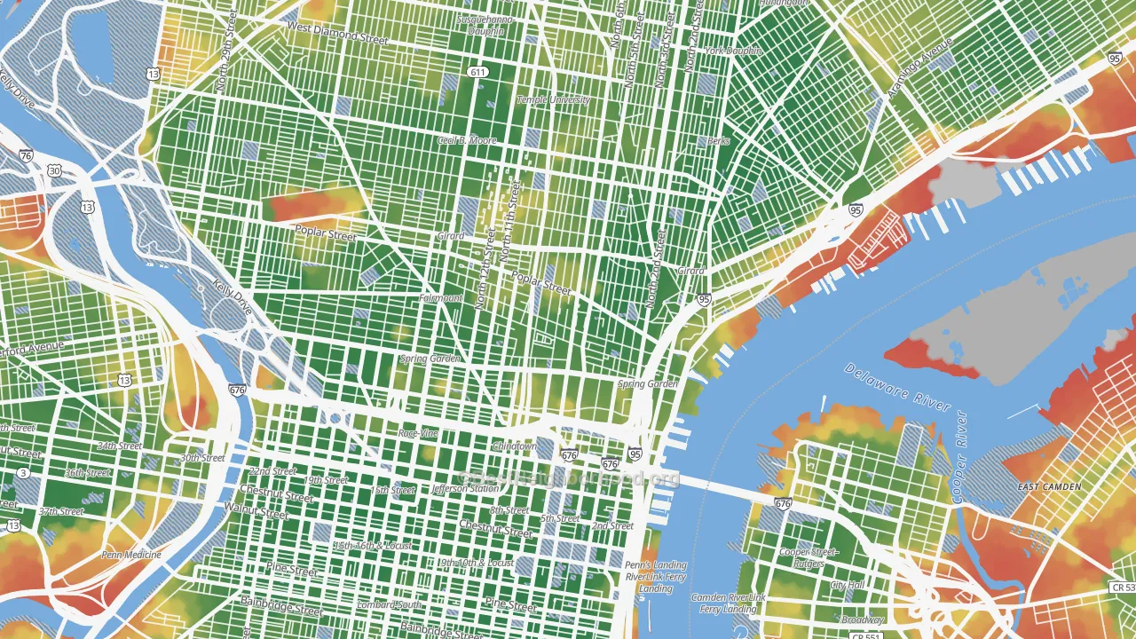 Walk Grade map of 19123, PA, walkable areas in green and car-dependent areas in red