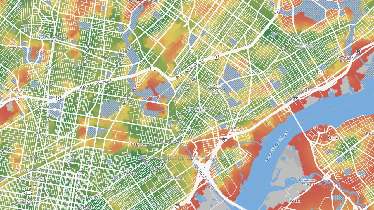 Walk Grade map of 19124, PA, walkable areas in green and car-dependent areas in red