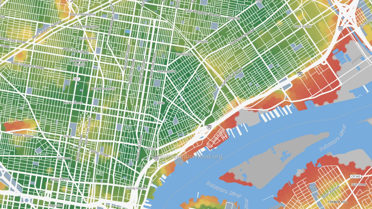Walk Grade map of 19125, PA, walkable areas in green and car-dependent areas in red