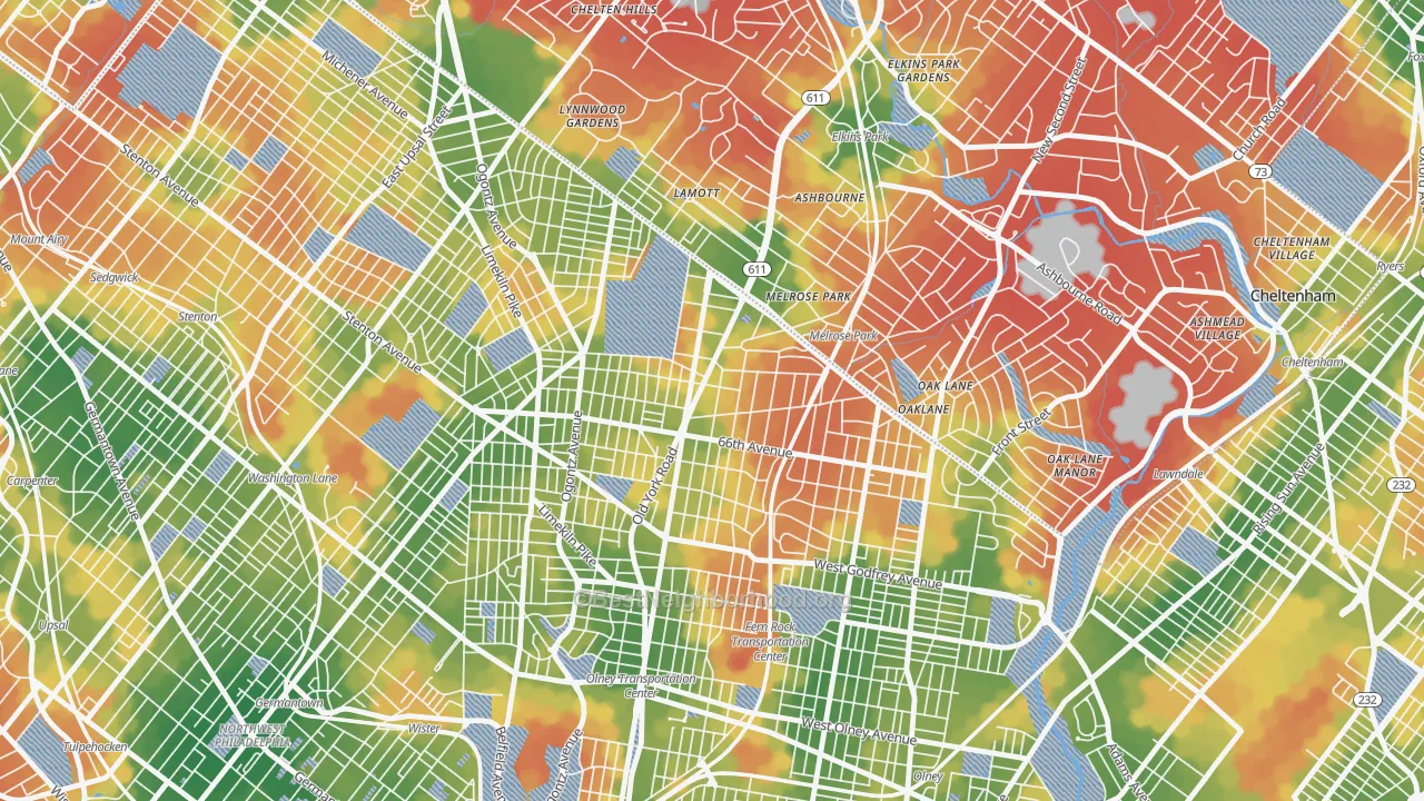 Walk Grade map of 19126, PA, walkable areas in green and car-dependent areas in red