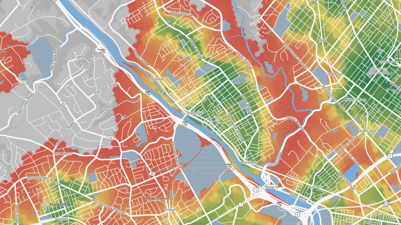 Walk Grade map of 19127, PA, walkable areas in green and car-dependent areas in red