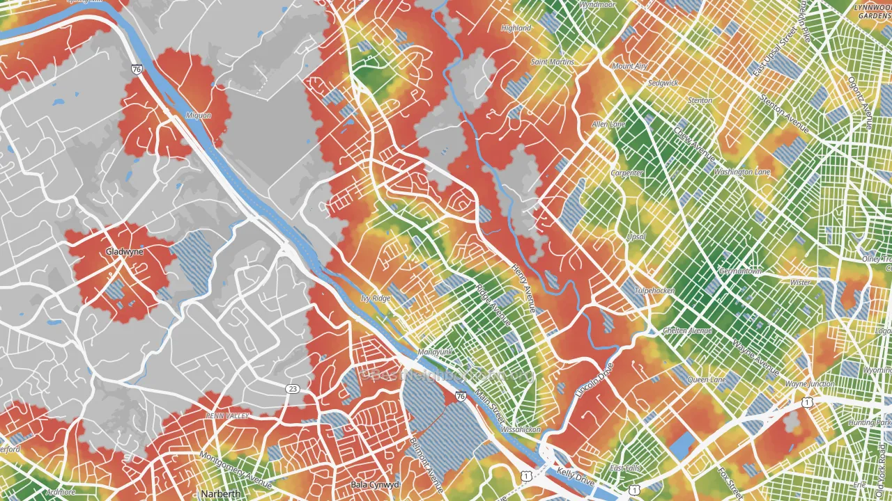 Walk Grade map of 19128, PA, walkable areas in green and car-dependent areas in red
