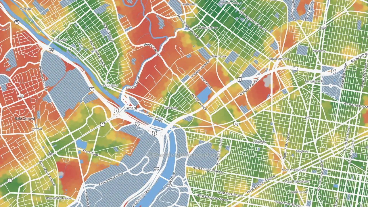 Walk Grade map of 19129, PA, walkable areas in green and car-dependent areas in red