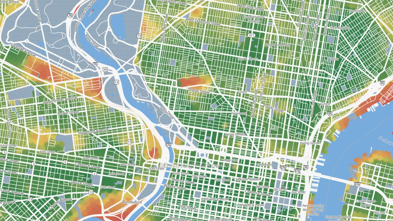 Walk Grade map of 19130, PA, walkable areas in green and car-dependent areas in red