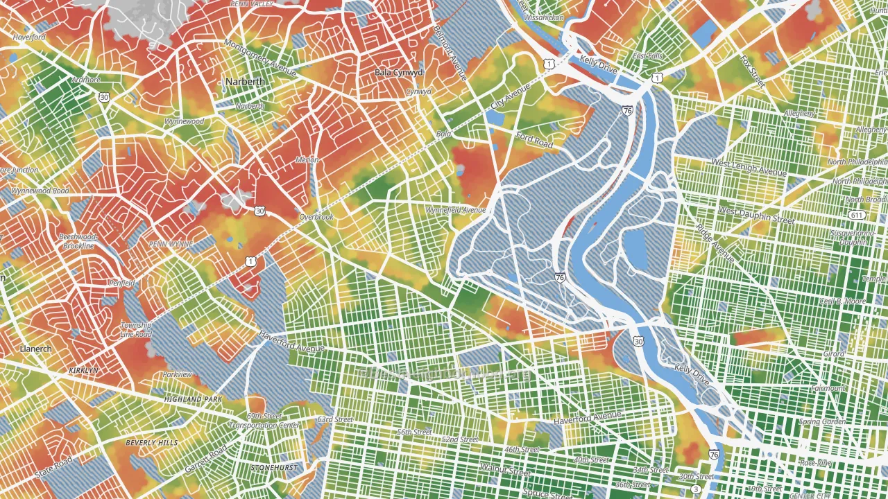 Walk Grade map of 19131, PA, walkable areas in green and car-dependent areas in red