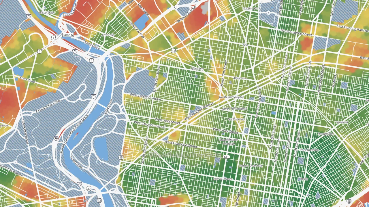 Walk Grade map of 19132, PA, walkable areas in green and car-dependent areas in red
