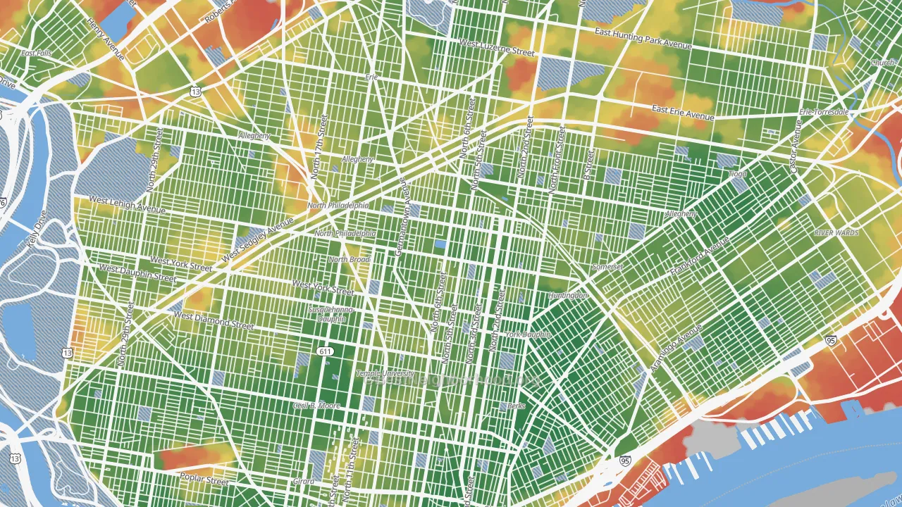 Walk Grade map of 19133, PA, walkable areas in green and car-dependent areas in red