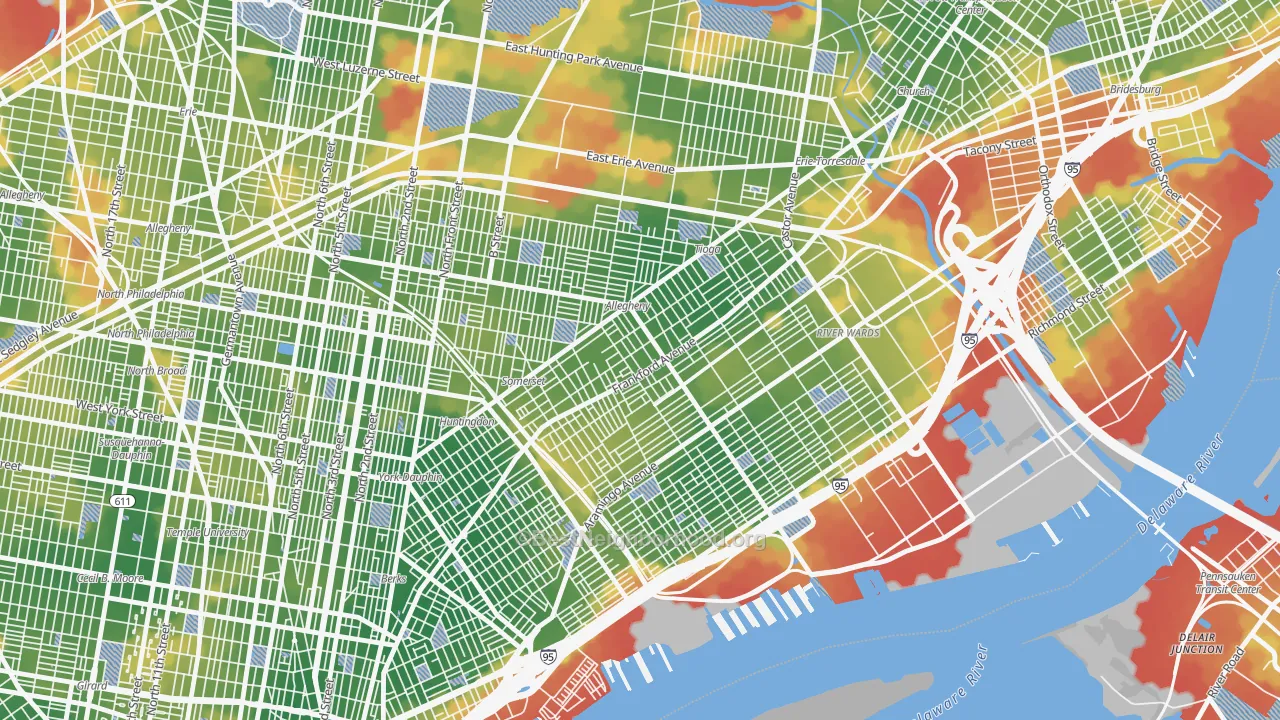 Walk Grade map of 19134, PA, walkable areas in green and car-dependent areas in red