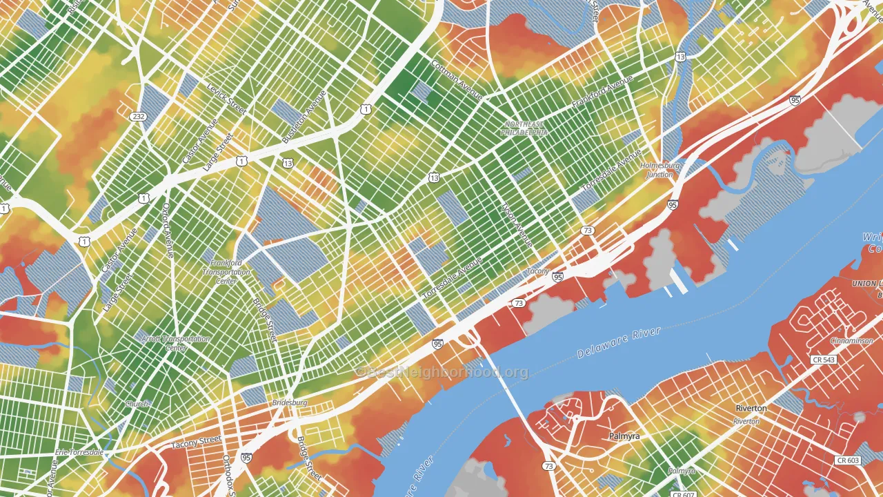 Walk Grade map of 19135, PA, walkable areas in green and car-dependent areas in red