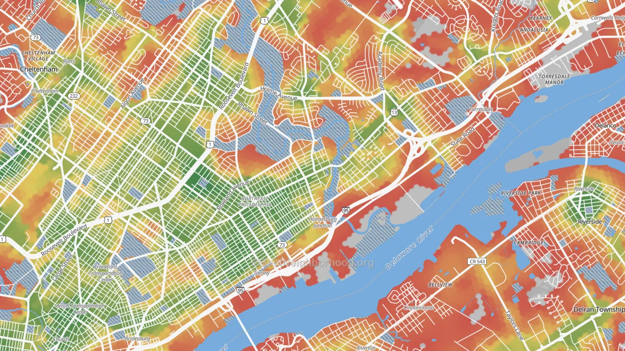 Walk Grade map of 19136, PA, walkable areas in green and car-dependent areas in red
