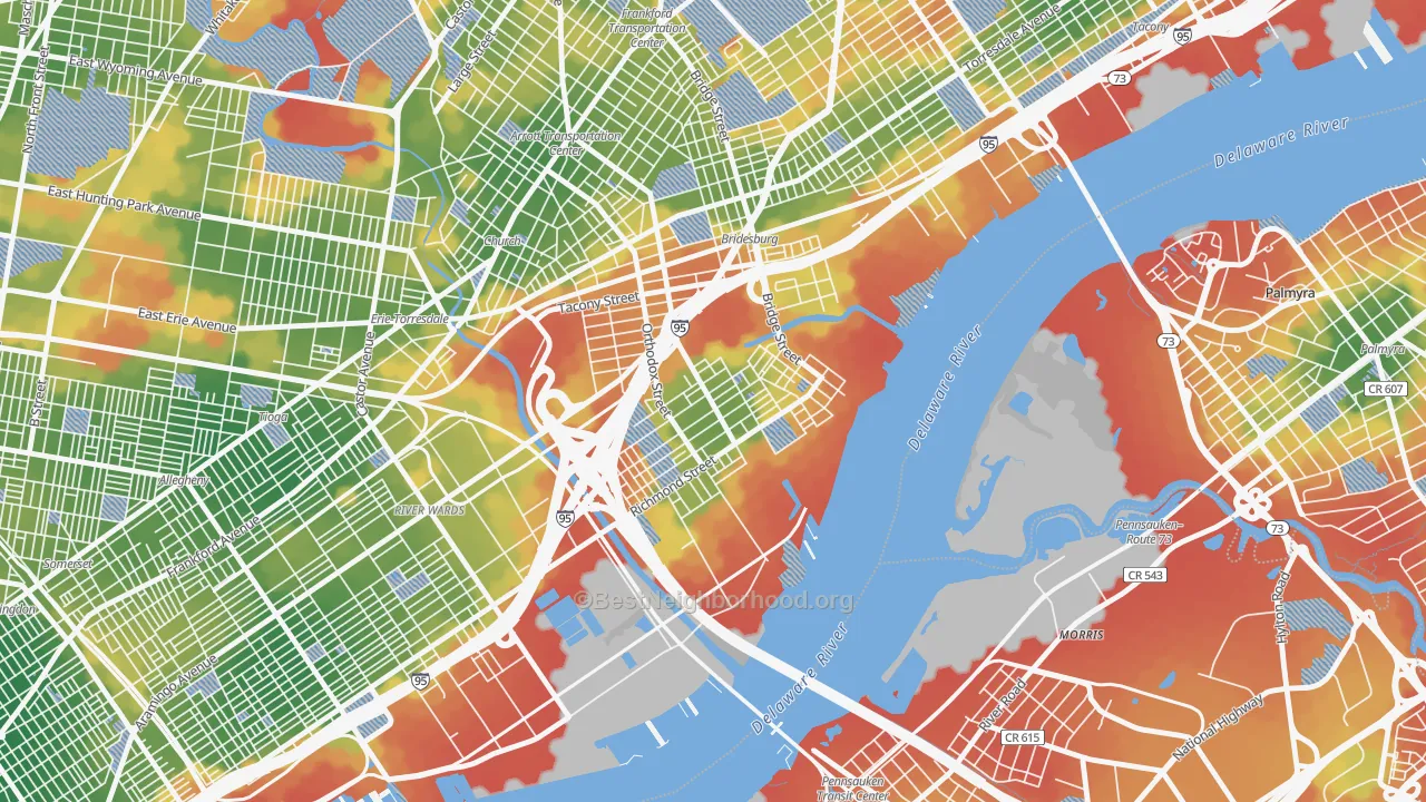 Walk Grade map of 19137, PA, walkable areas in green and car-dependent areas in red