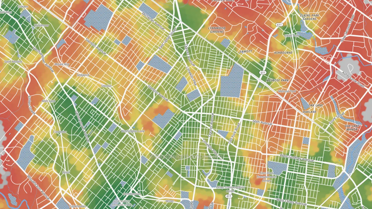Walk Grade map of 19138, PA, walkable areas in green and car-dependent areas in red