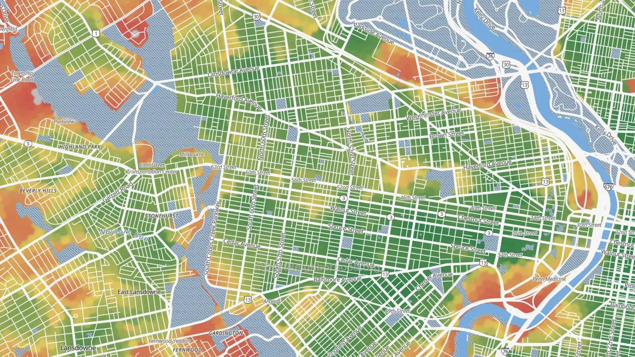Walk Grade map of 19139, PA, walkable areas in green and car-dependent areas in red