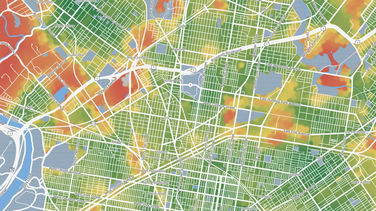 Walk Grade map of 19140, PA, walkable areas in green and car-dependent areas in red