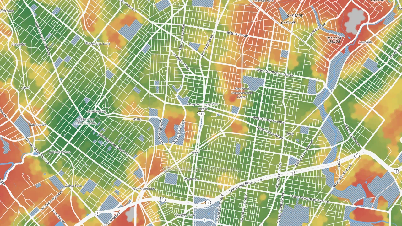 Walk Grade map of 19141, PA, walkable areas in green and car-dependent areas in red