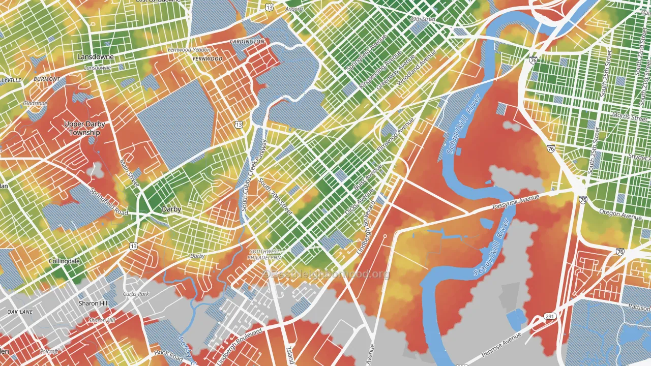 Walk Grade map of 19142, PA, walkable areas in green and car-dependent areas in red