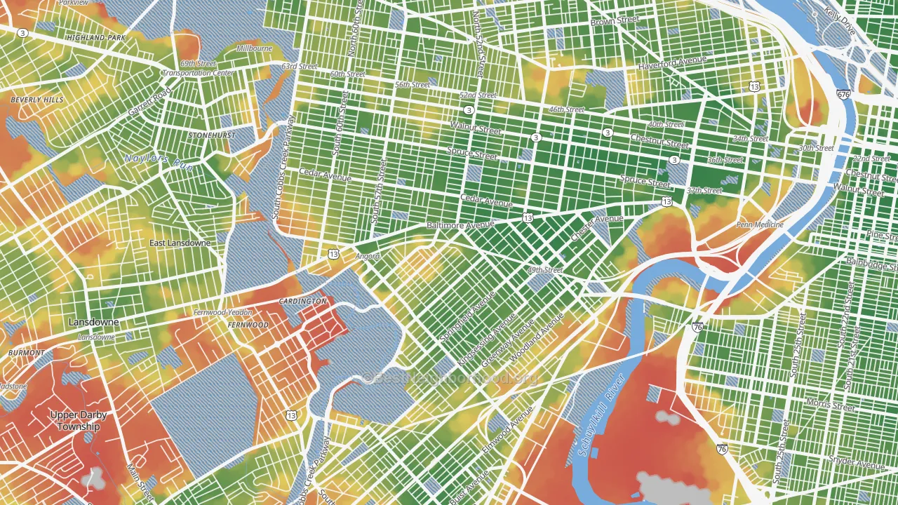 Walk Grade map of 19143, PA, walkable areas in green and car-dependent areas in red