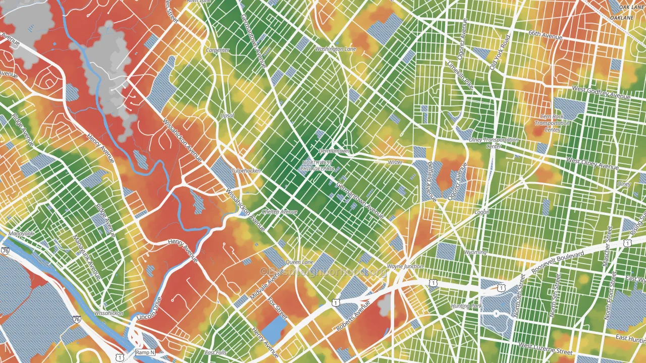 Walk Grade map of 19144, PA, walkable areas in green and car-dependent areas in red