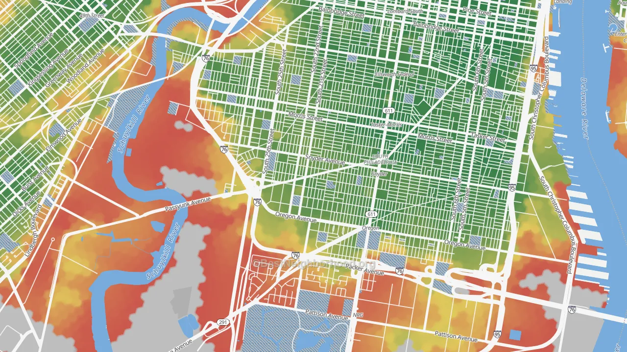 Walk Grade map of 19145, PA, walkable areas in green and car-dependent areas in red