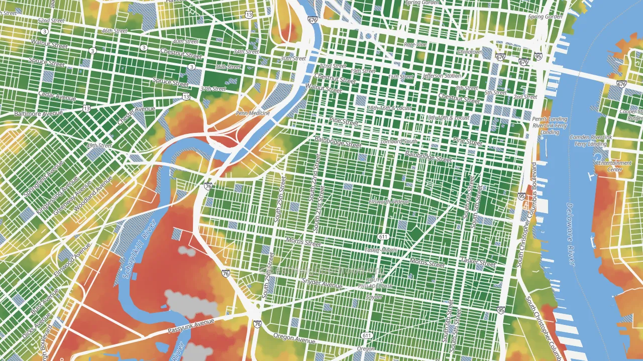 Walk Grade map of 19146, PA, walkable areas in green and car-dependent areas in red