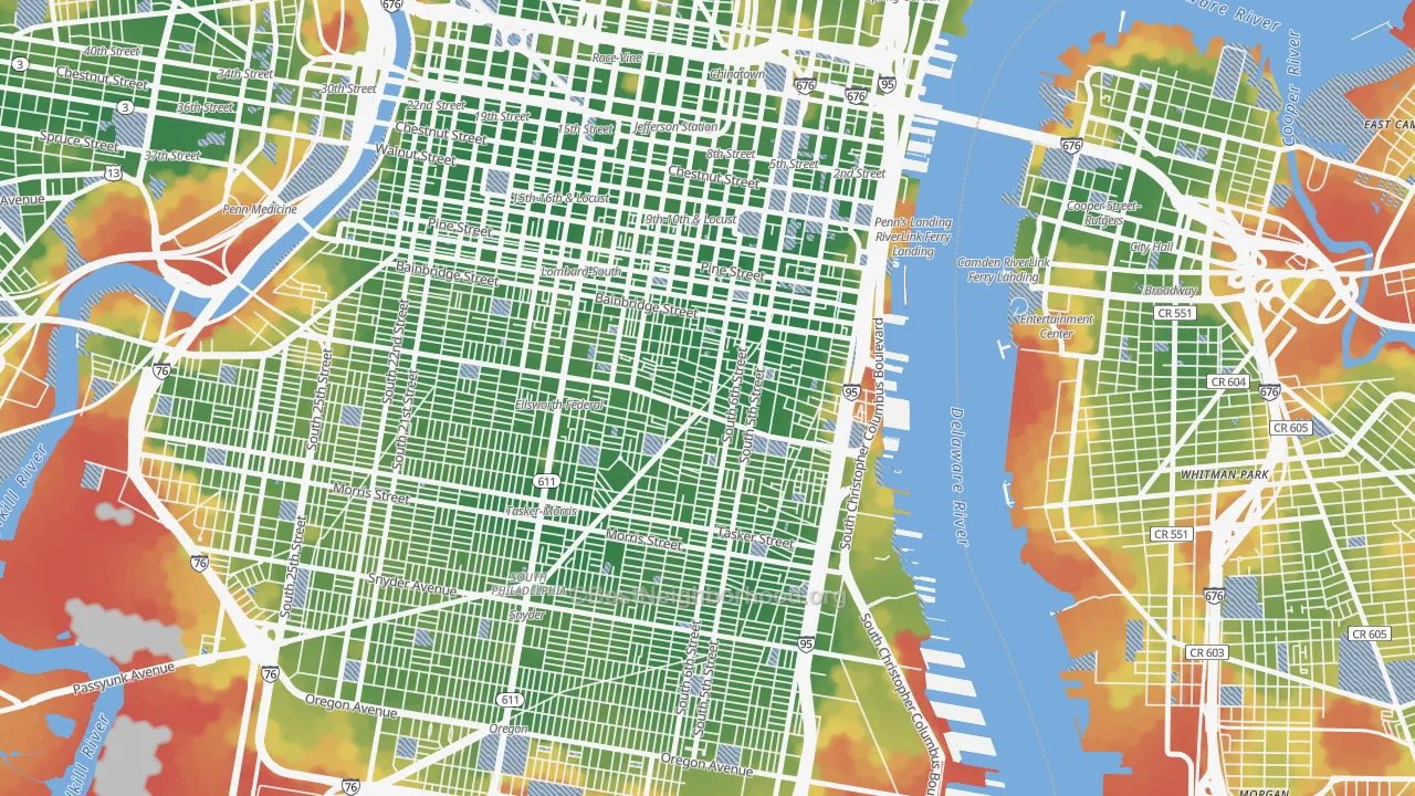 Walk Grade map of 19147, PA, walkable areas in green and car-dependent areas in red