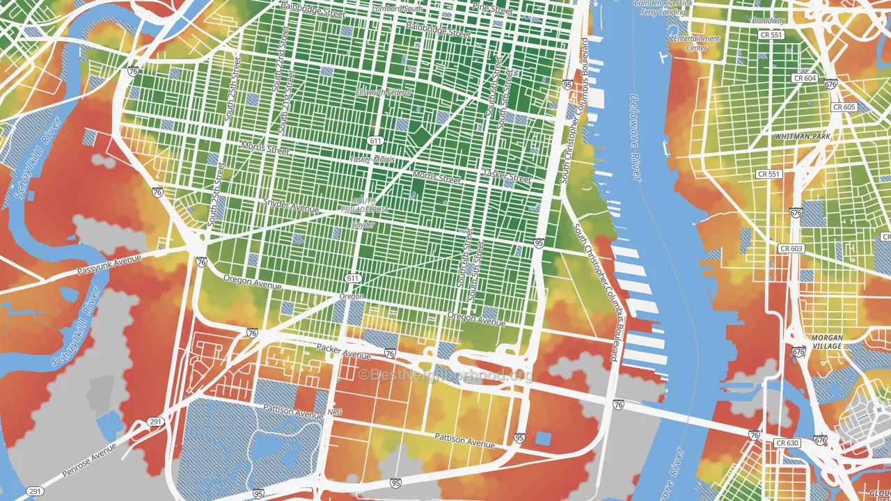 Walk Grade map of 19148, PA, walkable areas in green and car-dependent areas in red