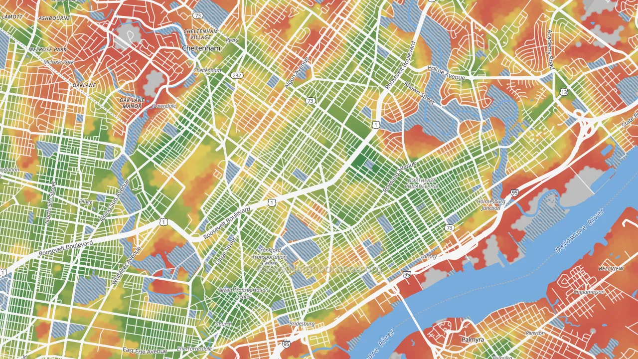 Walk Grade map of 19149, PA, walkable areas in green and car-dependent areas in red