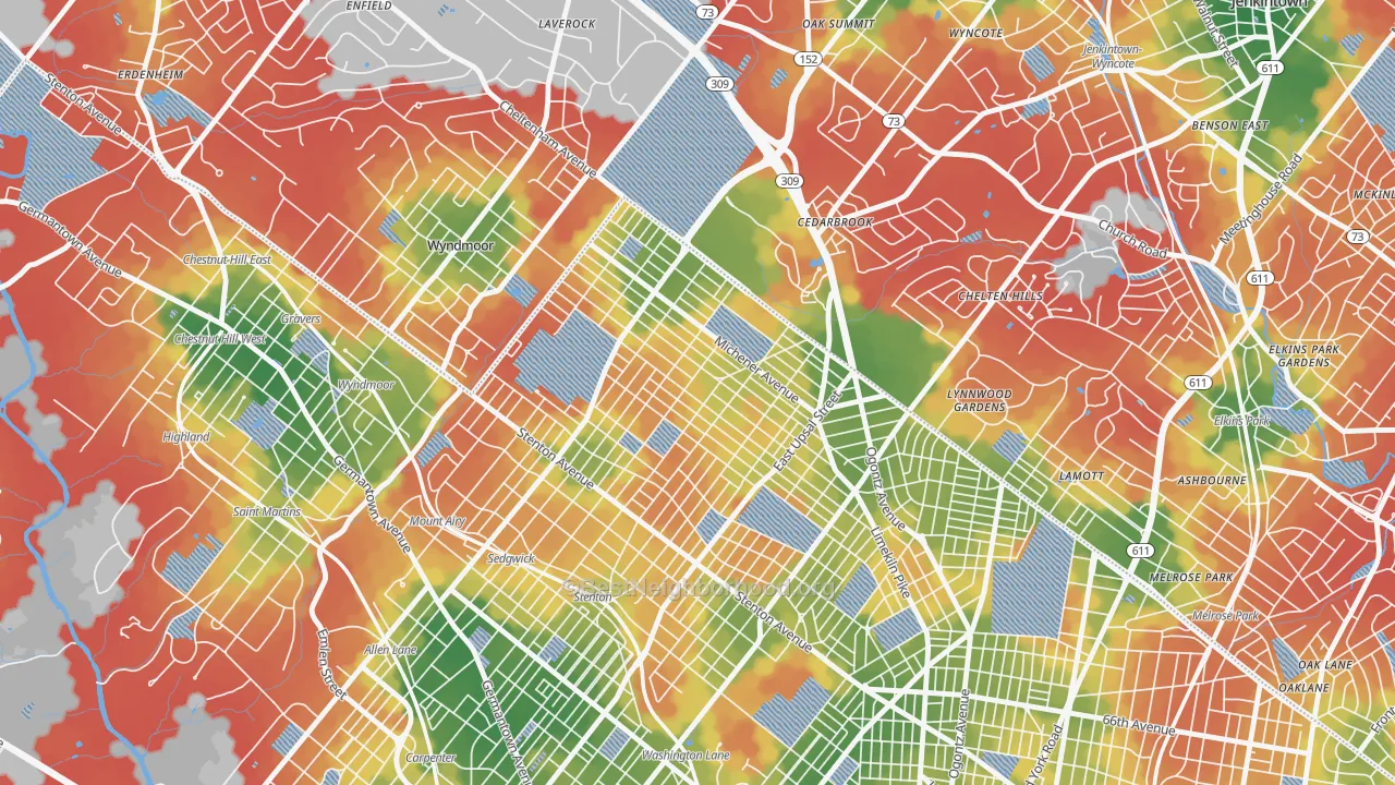 Walk Grade map of 19150, PA, walkable areas in green and car-dependent areas in red