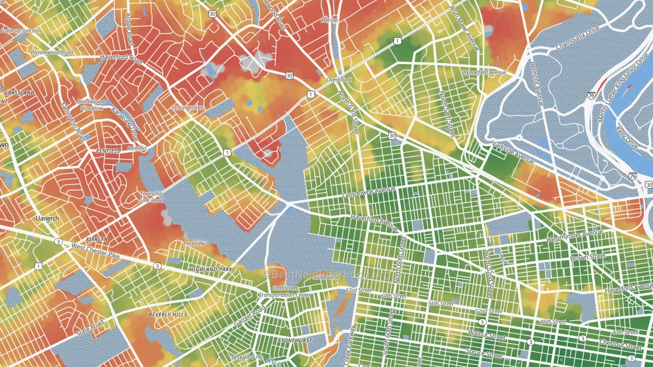 Walk Grade map of 19151, PA, walkable areas in green and car-dependent areas in red