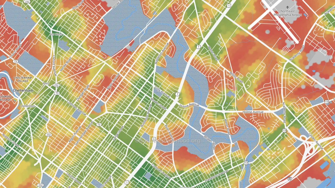 Walk Grade map of 19152, PA, walkable areas in green and car-dependent areas in red