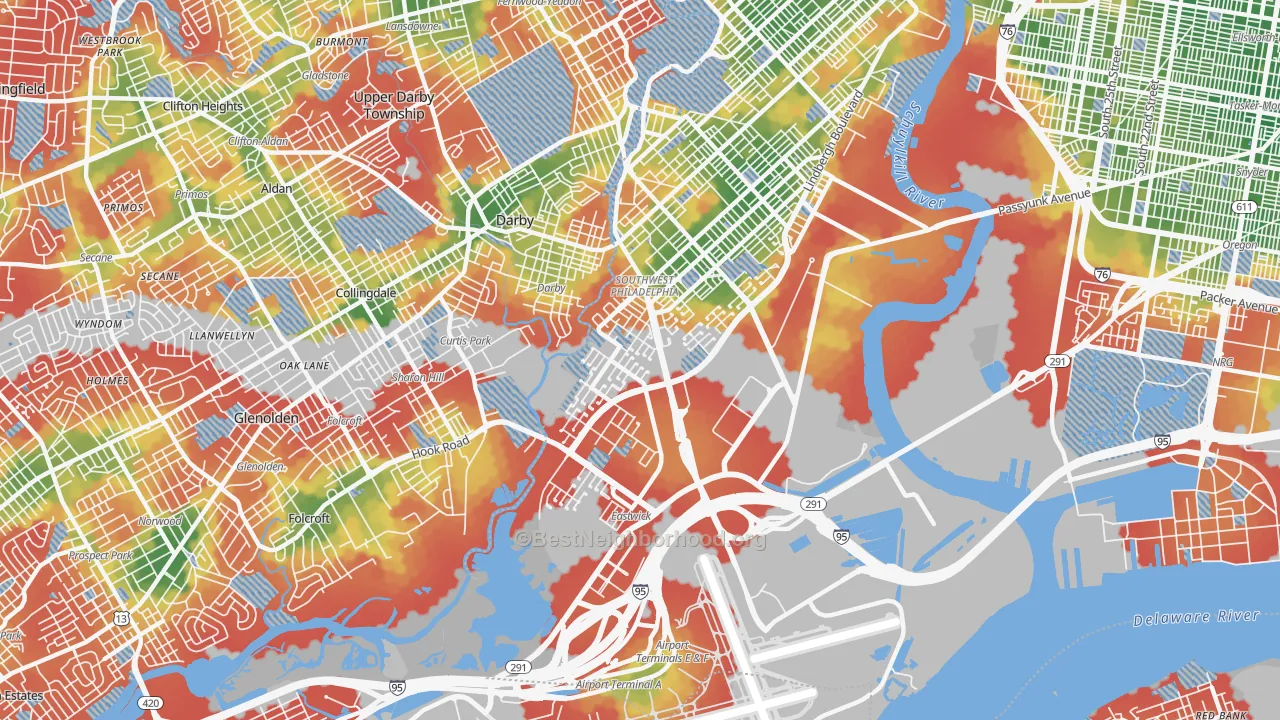 Walk Grade map of 19153, PA, walkable areas in green and car-dependent areas in red