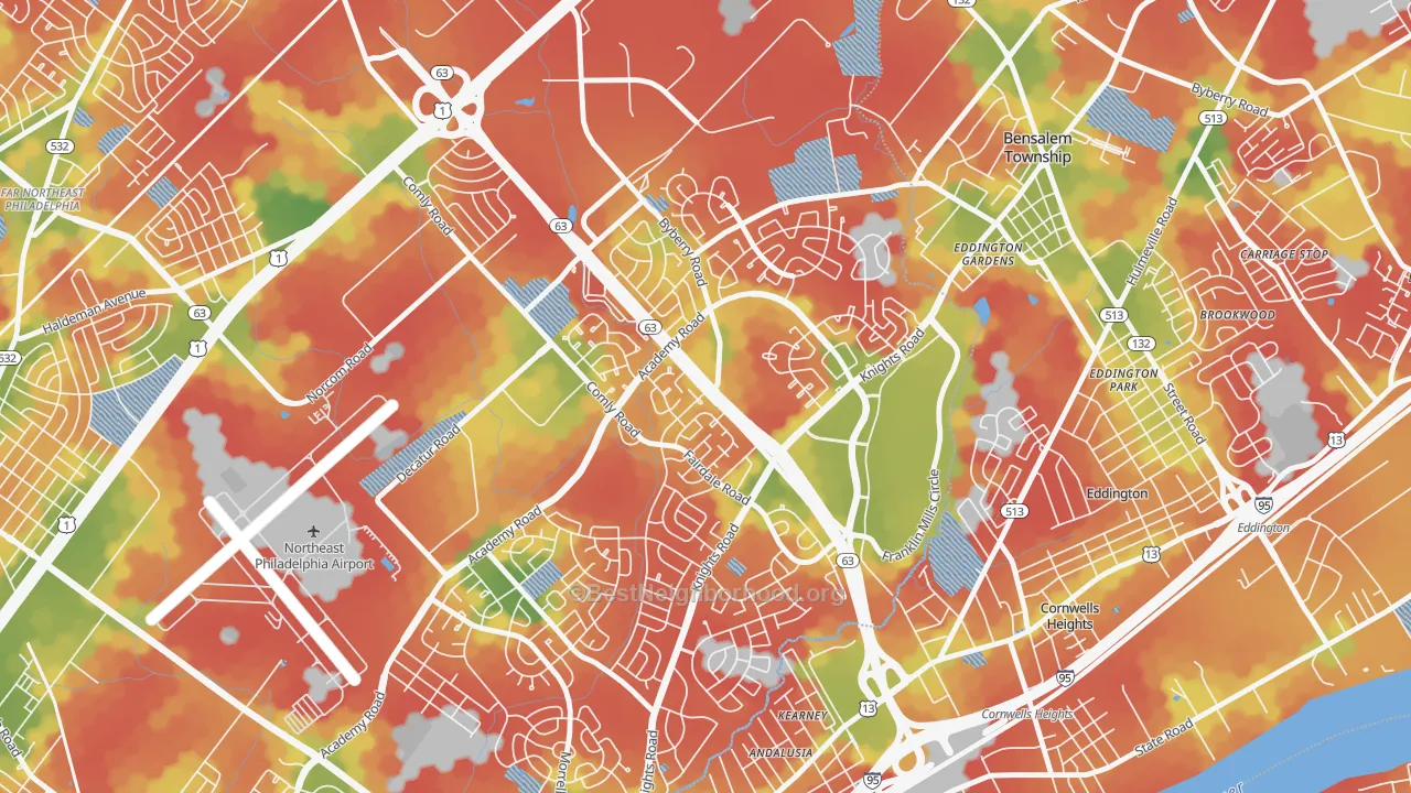 Walk Grade map of 19154, PA, walkable areas in green and car-dependent areas in red