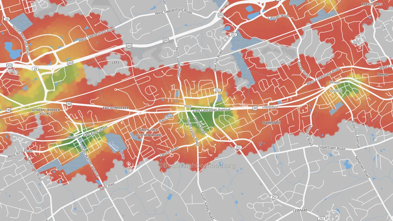 Walk Grade map of 19301, PA, walkable areas in green and car-dependent areas in red