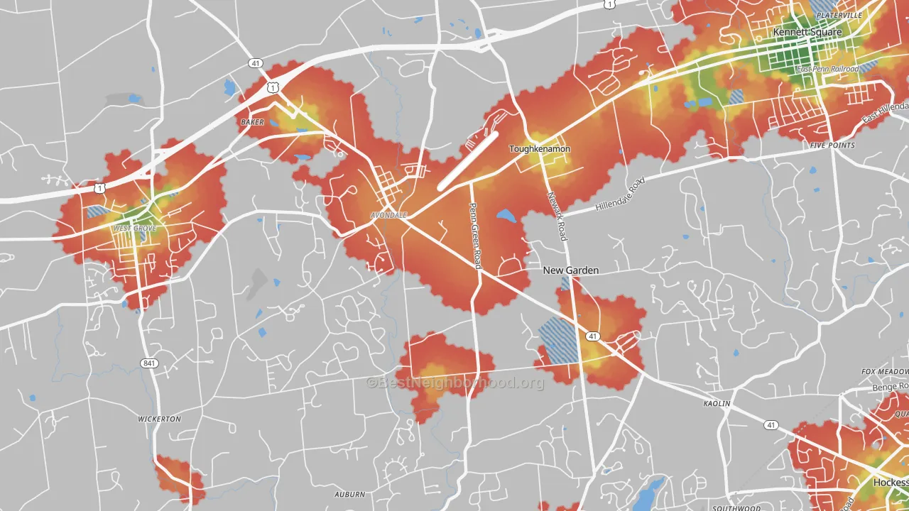 Walk Grade map of 19311, PA, walkable areas in green and car-dependent areas in red